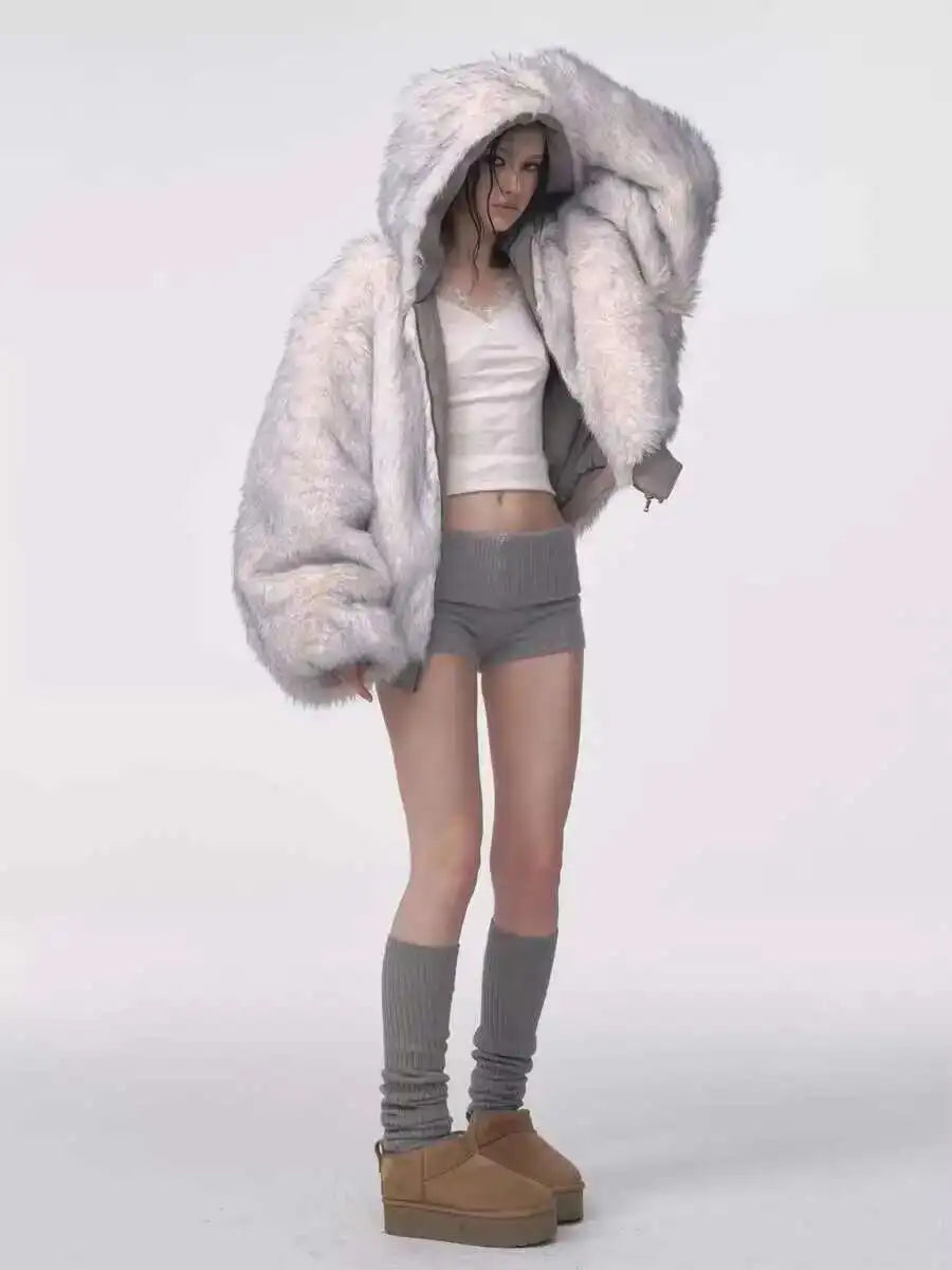 Winter American Retro Fur Coat - Padded Hooded Jacket for Women