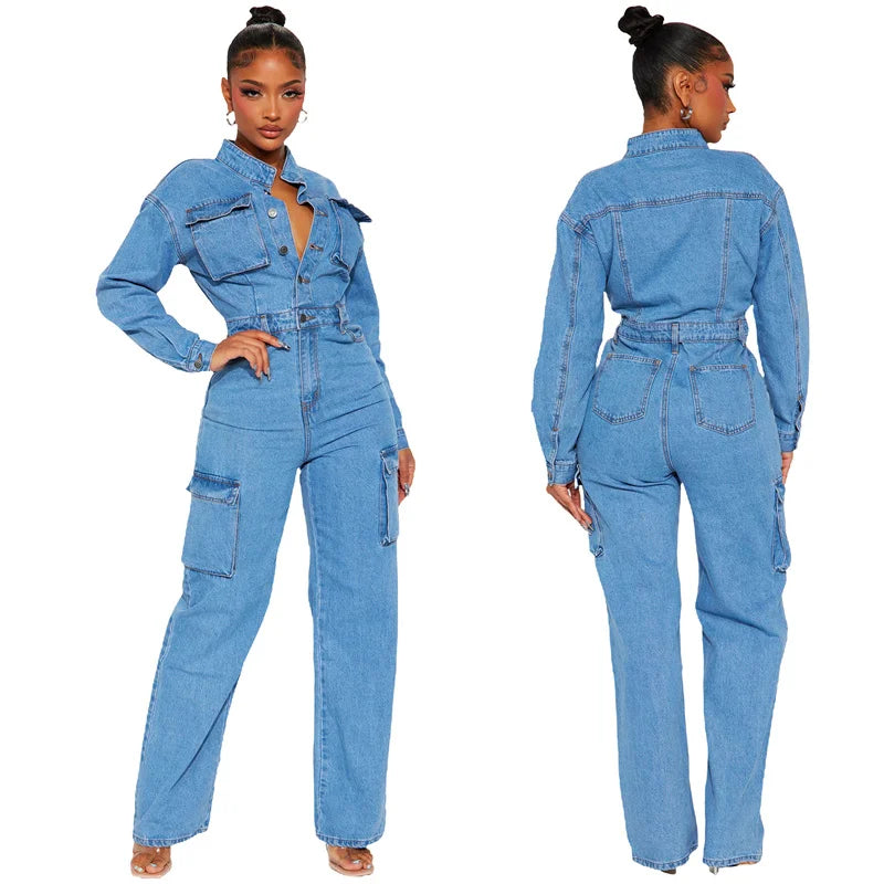 Blue denim jumpsuit worn by a model 