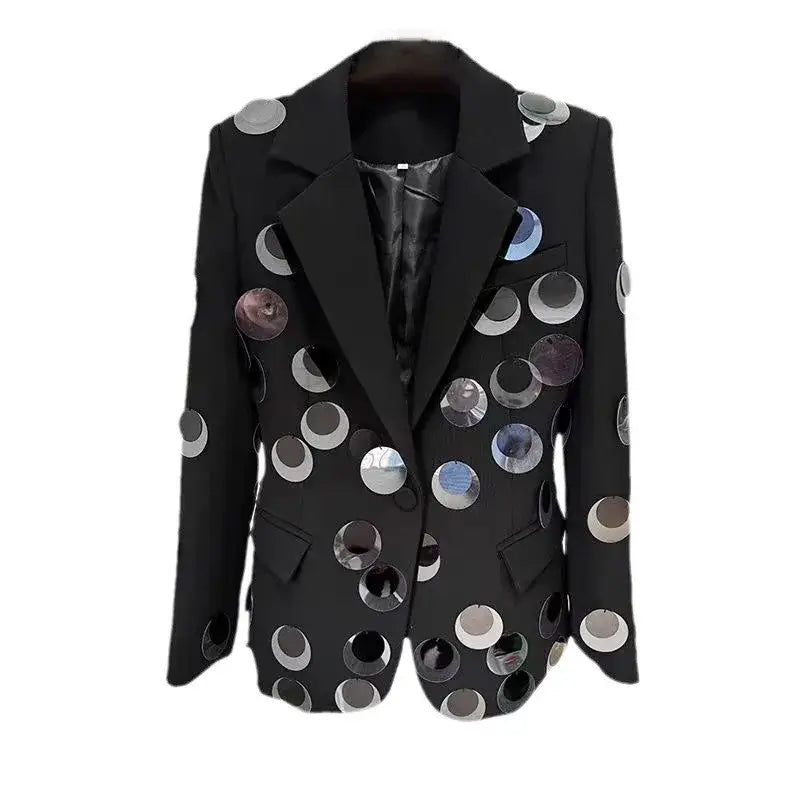 Women's Spliced Big Sequins Blazer with oversized sequins for a glamorous look and classic lapel collar.