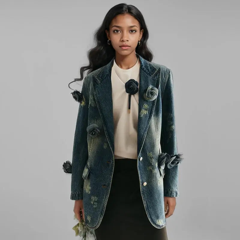Women's 3D floral embroidered denim blazer, relaxed fit, stylish design for versatile layering and comfort.