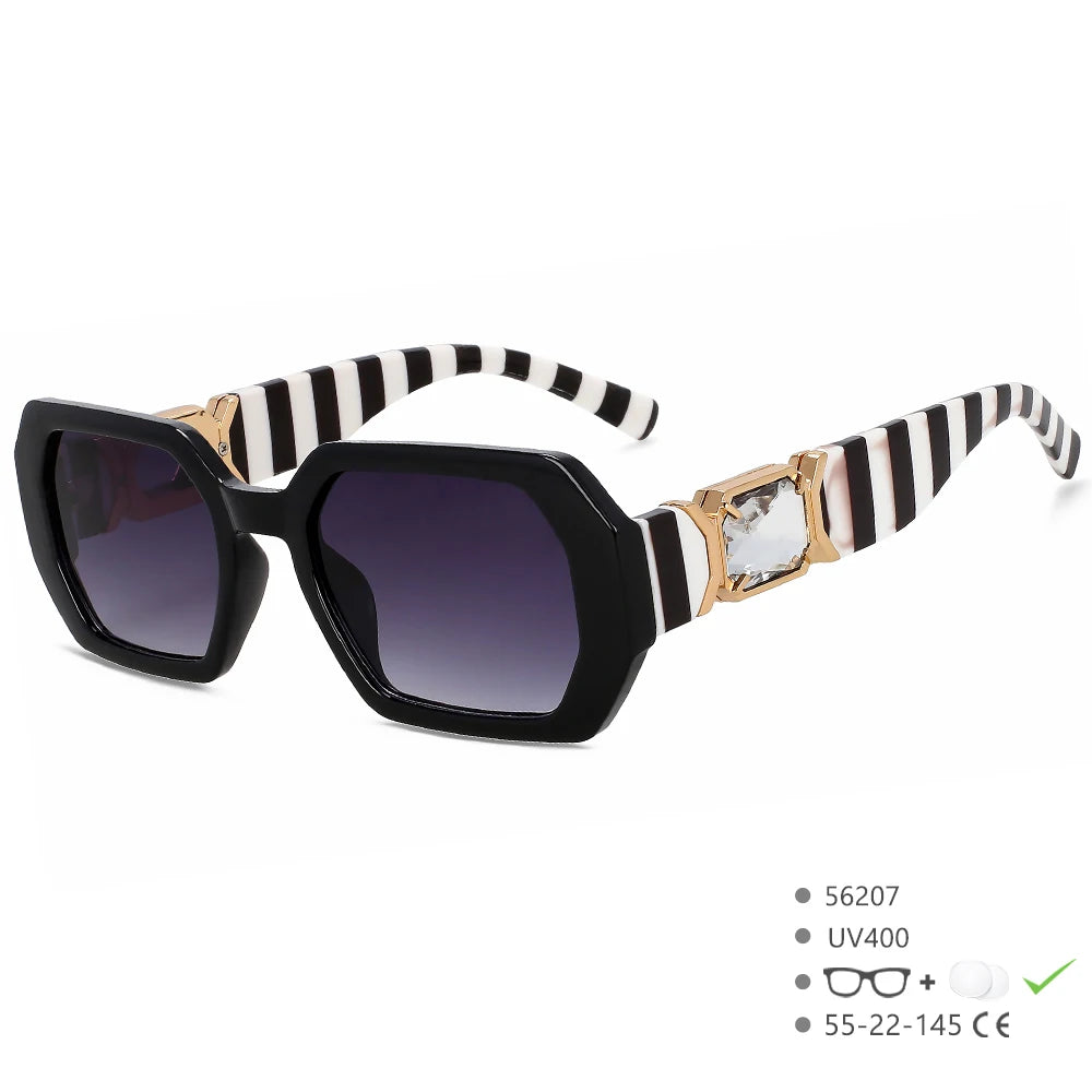 Sunglasses with black lenses and zebra-striped