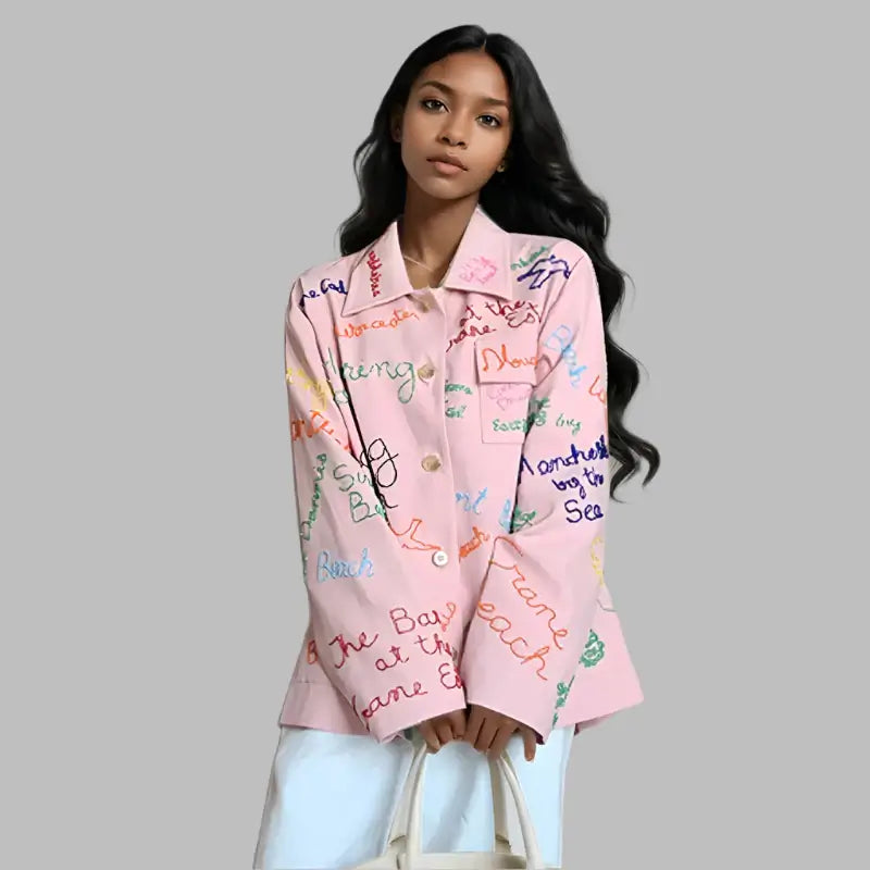 Trendy women's colorful letter denim jacket with spliced design and turn-down collar for spring.