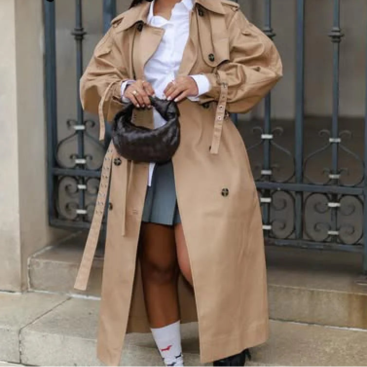 Women's Long Trench Coat - Double Breasted Hooded Punk Jacket with Belt