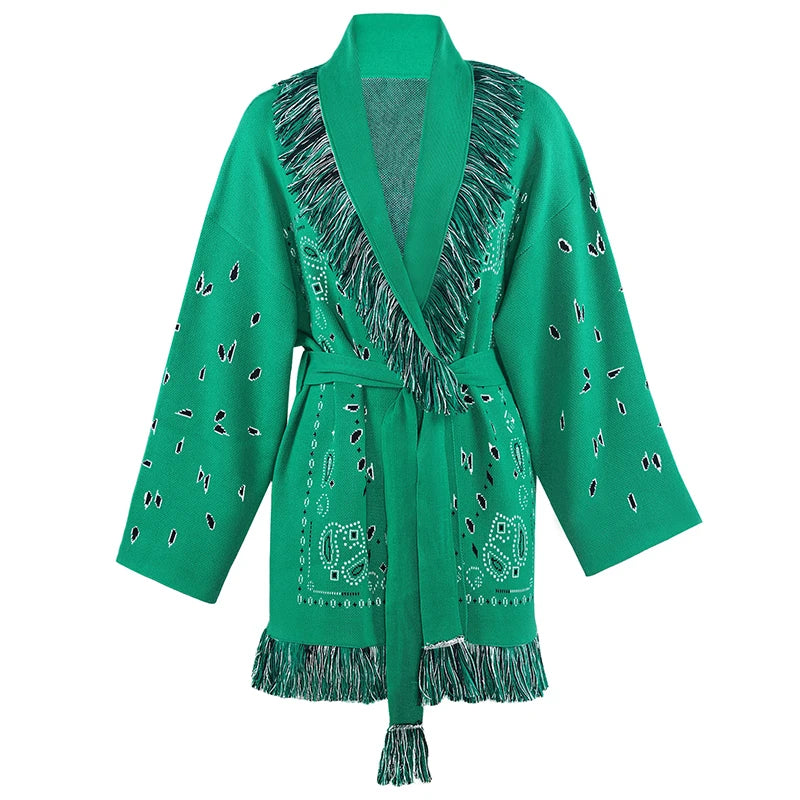 Geometric Patchwork Cardigan with Tassel Belt