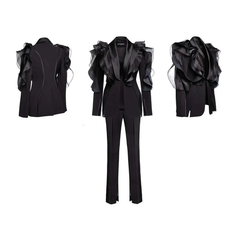 Women's Black Patchwork Cardigan - Tiered Ruffles Long Sleeve 