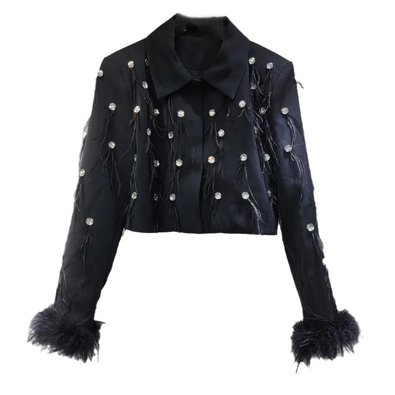 Women’s Diamond Spliced Blazer – Feather Tassel Trendy Style