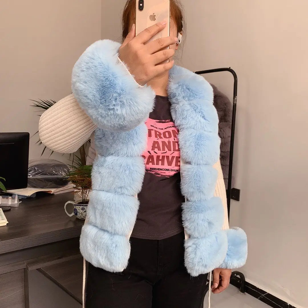 Women's Faux Fur Knit Sweater Cardigan - Elegant Spring & Autumn Fashion