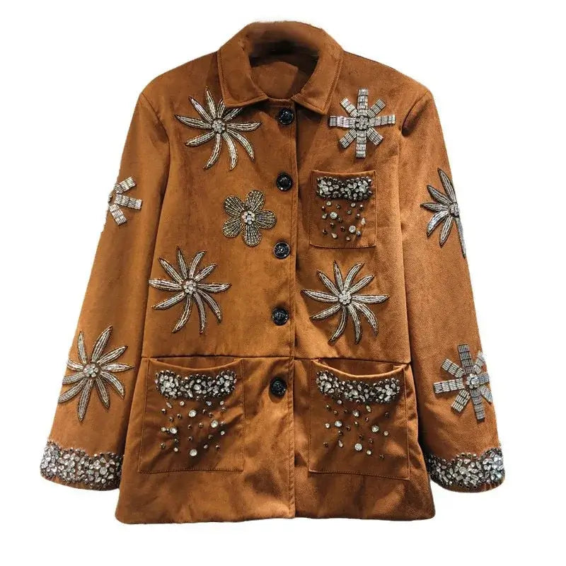 Women's Rivet Flower Loose Casual Jacket with floral and rivet embellishments, stylish and relaxed fit.