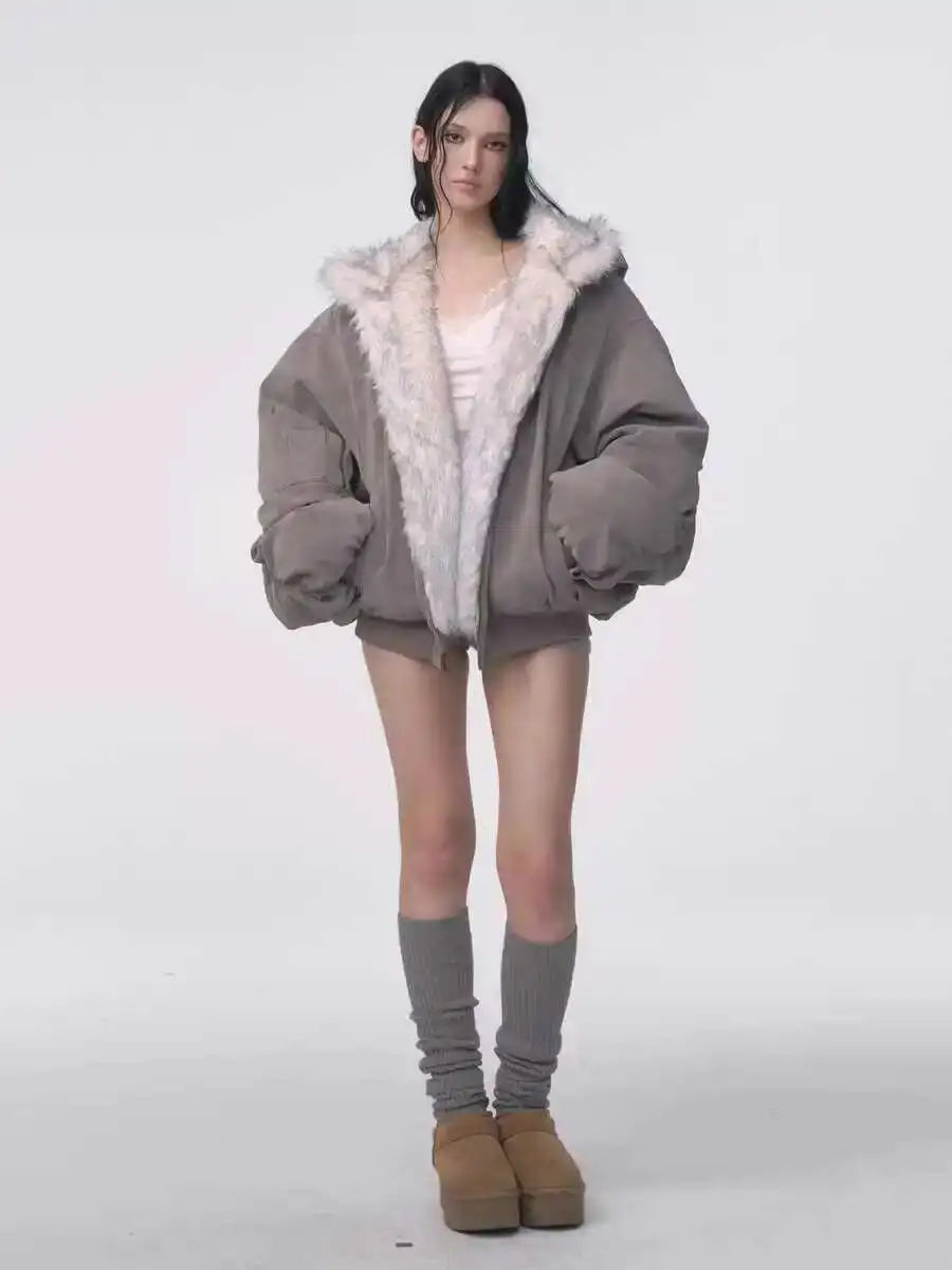 Winter American Retro Fur Coat - Padded Hooded Jacket for Women
