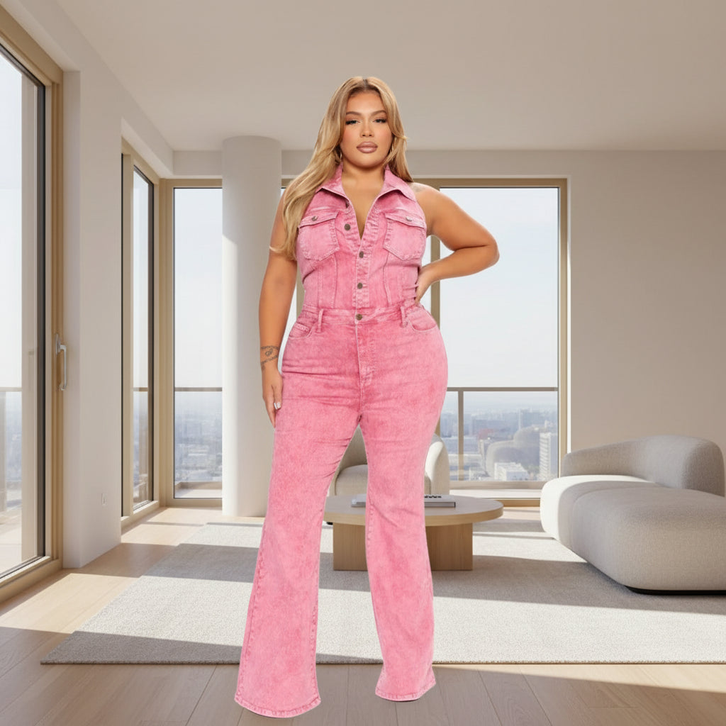 Backless Denim Jumpsuit Women Sleeveless Stretch