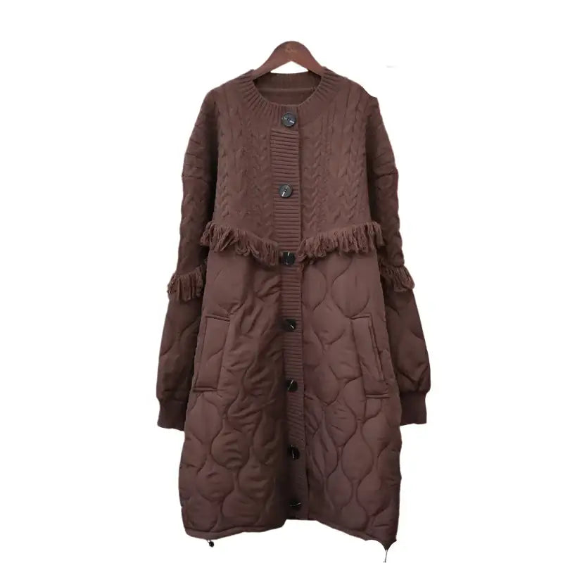 Women's Tassel Knit Long Coat in brown with button-up closure and stylish tassel details for warmth and comfort.