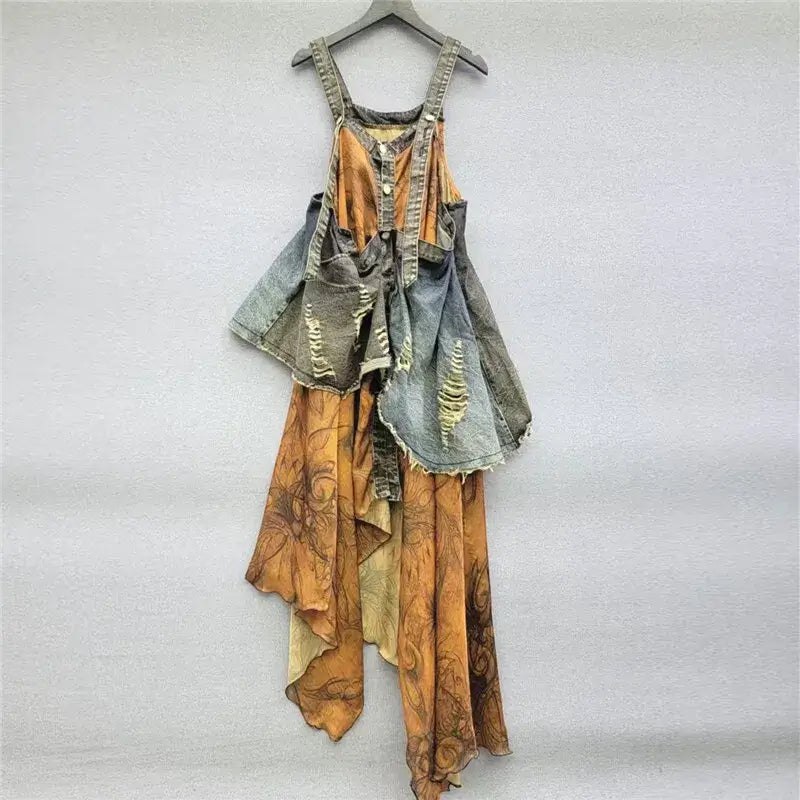 Vintage Women's Patchwork Denim Design Sling Dress featuring unique patchwork and flowing design.