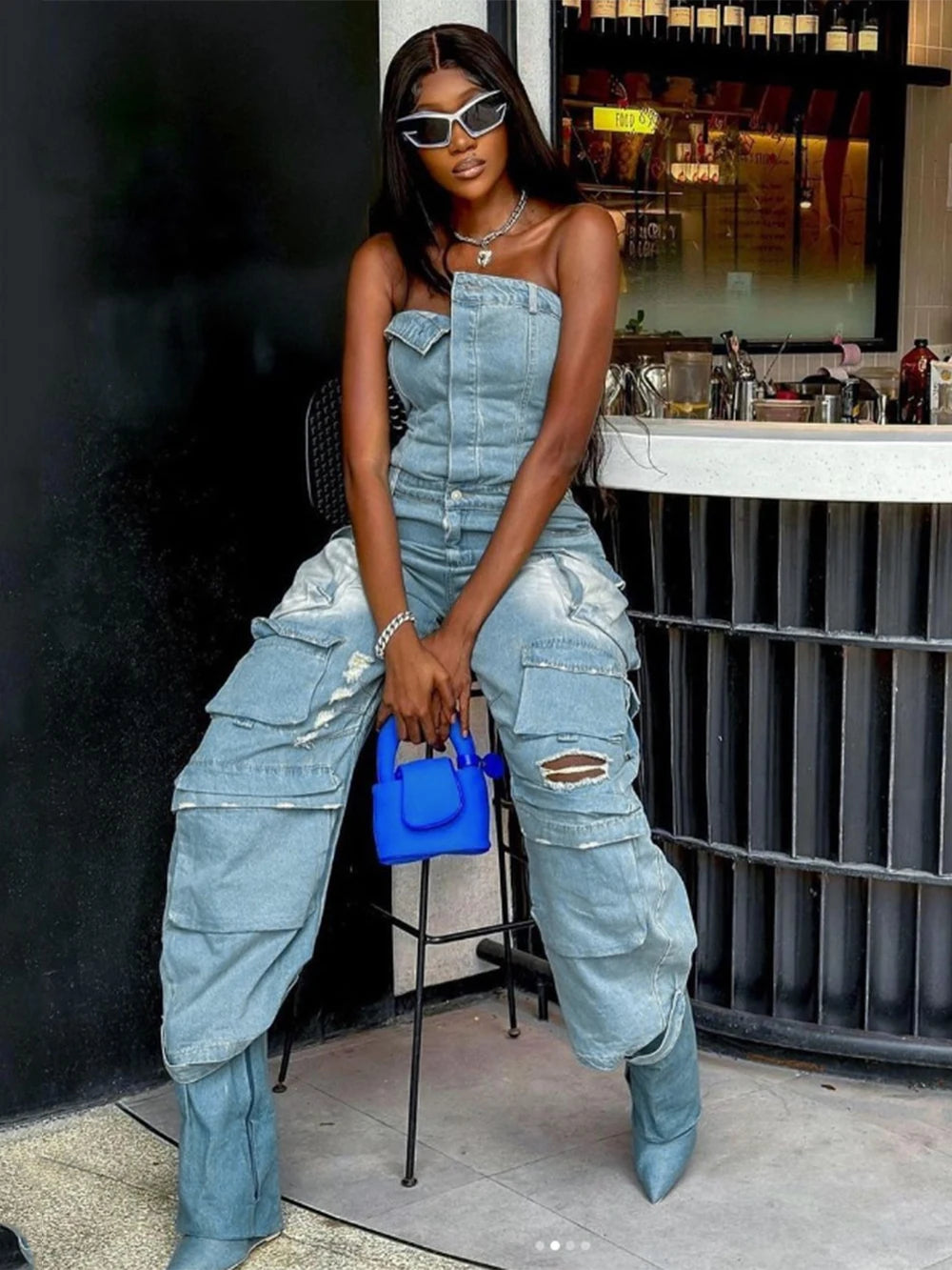 Strapless Denim Jumpsuit - Multi Pocket Wide Leg Jeans