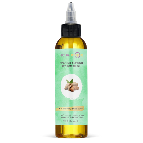 Bottle of Natura Olea Spanish Almond Regrowth Oil on a white background