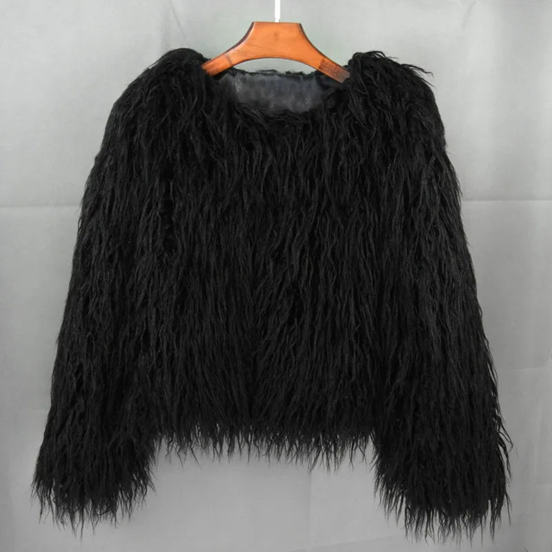 Black fluffy jacket on a hanger 