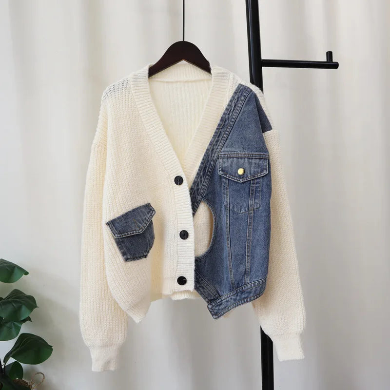 Women’s Patchwork Denim Knitted Cardigan – V-Neck Long Sleeve Sweater