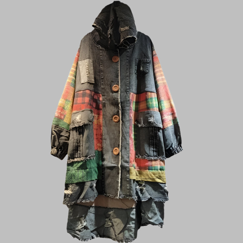 Women’s Plaid Patchwork Denim Coat – Vintage Hooded Style