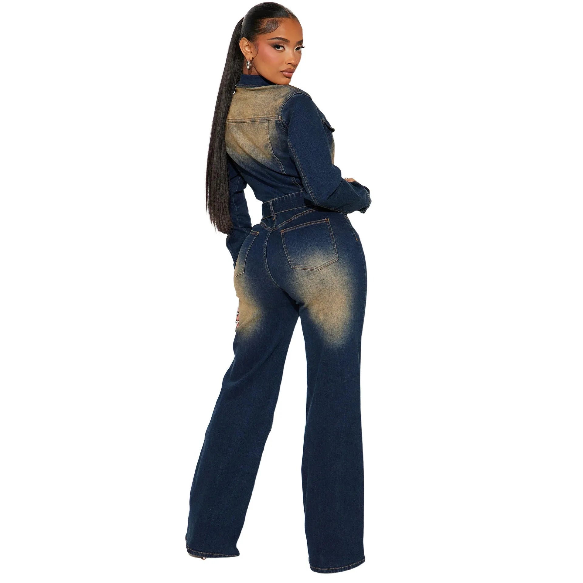 Woman wearing a denim jumpsuit 
