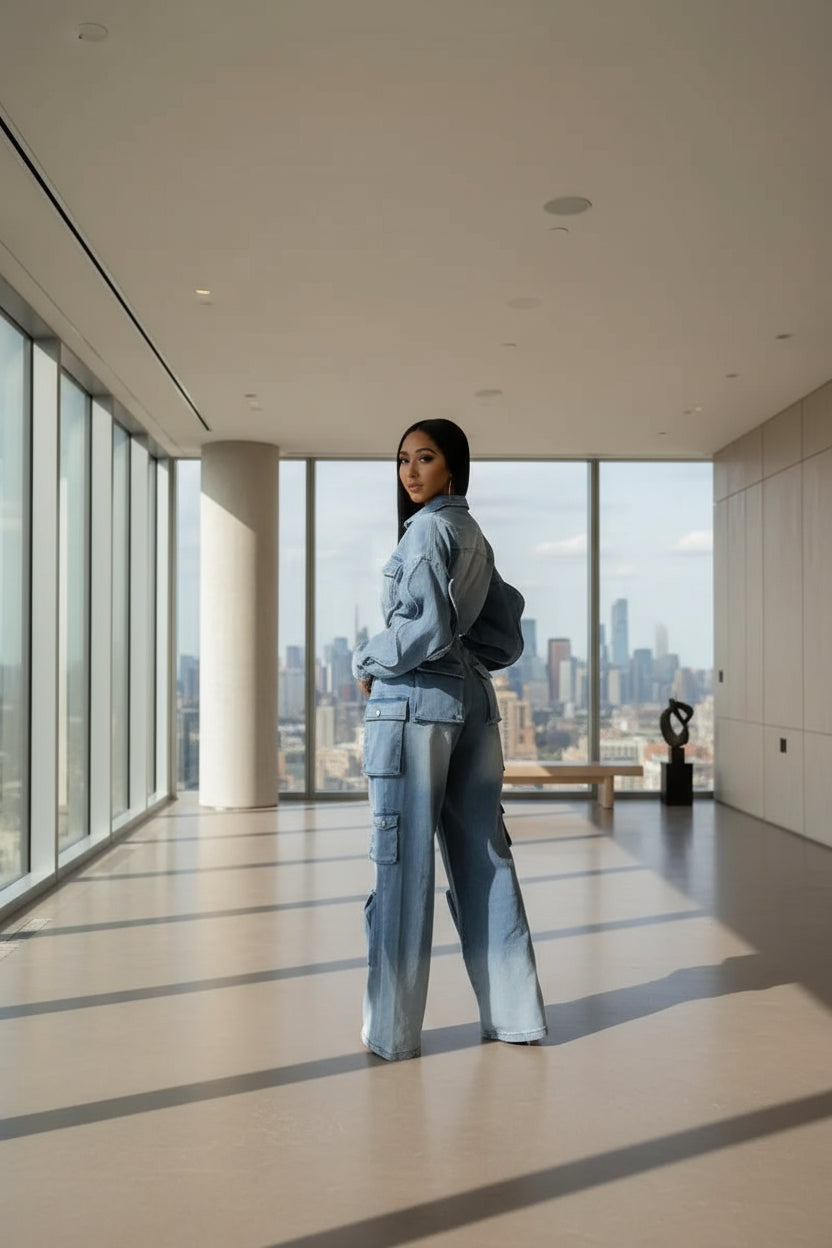 Person wearing a blue denim outfit 