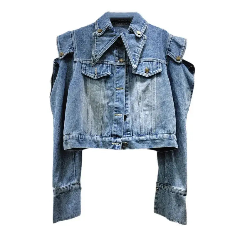 Trendy women's off-shoulder denim coat with double-lapel collar for autumn style.