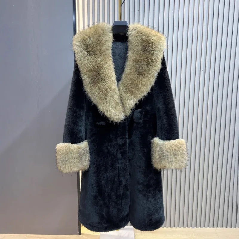 Black coat with fur trim and cuffs.