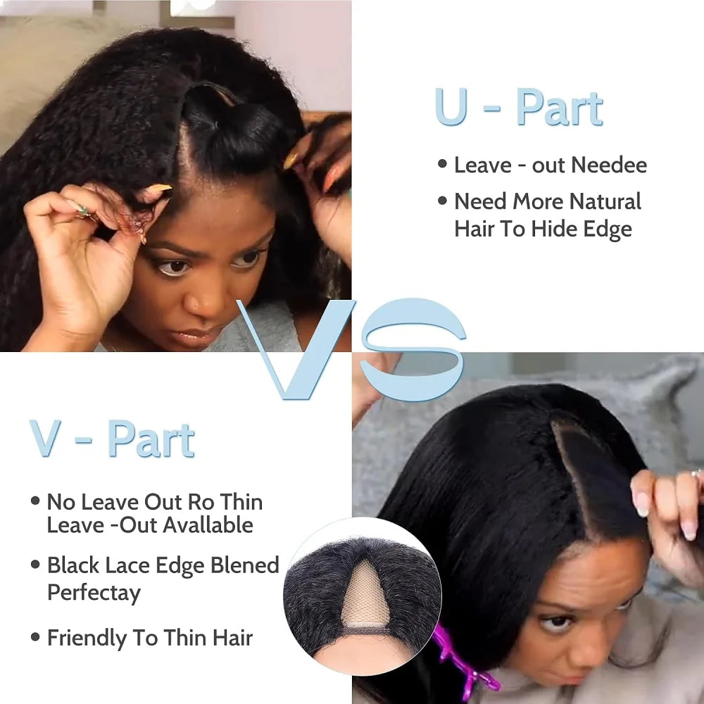 V Part Kinky Straight Human Hair Wig - Glueless Brazilian Half Wig