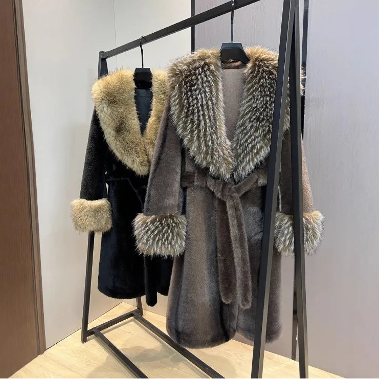 Women's Long Woolen Coat with Faux Fur Collar