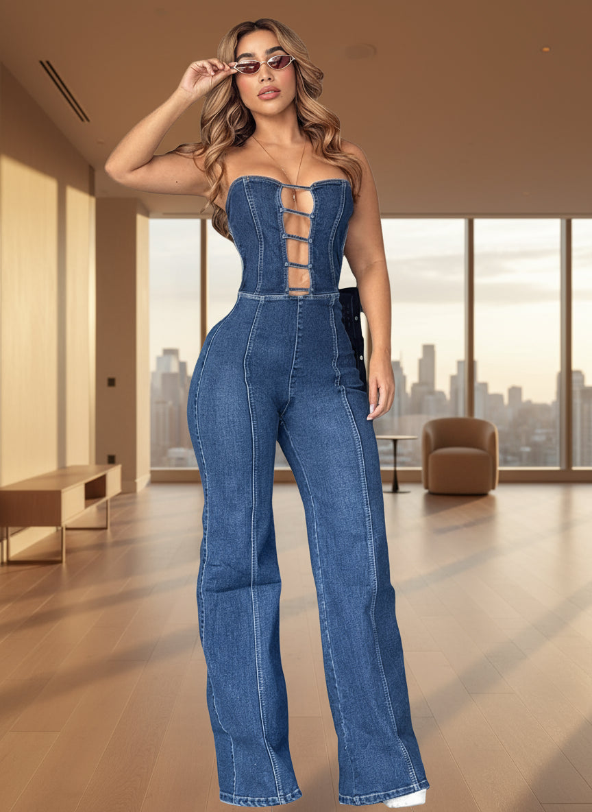 Blue off-shoulder backless denim jumpsuit with high waist and wide leg pants