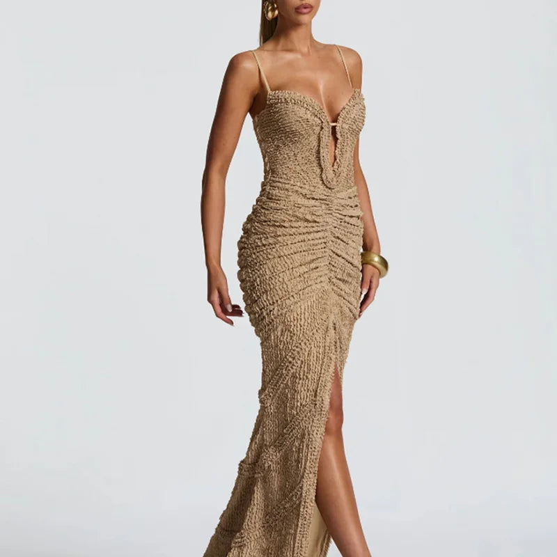 Backless slim fit deep V-neck split suspender party gown for women