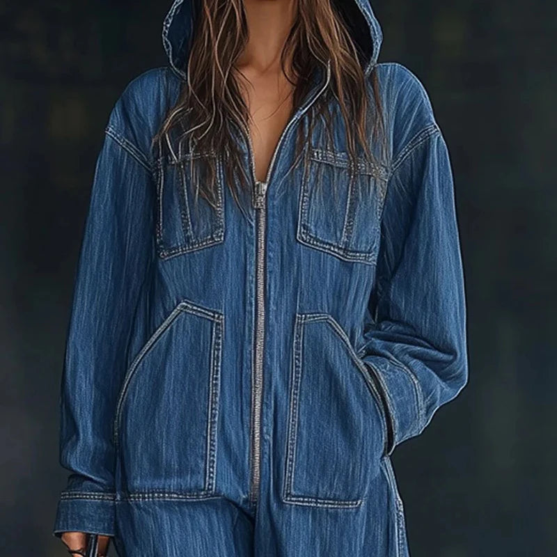 Fashion Zipper Solid Wide Leg Jumpsuits Autumn Hoodies Long Sleeve Pocket