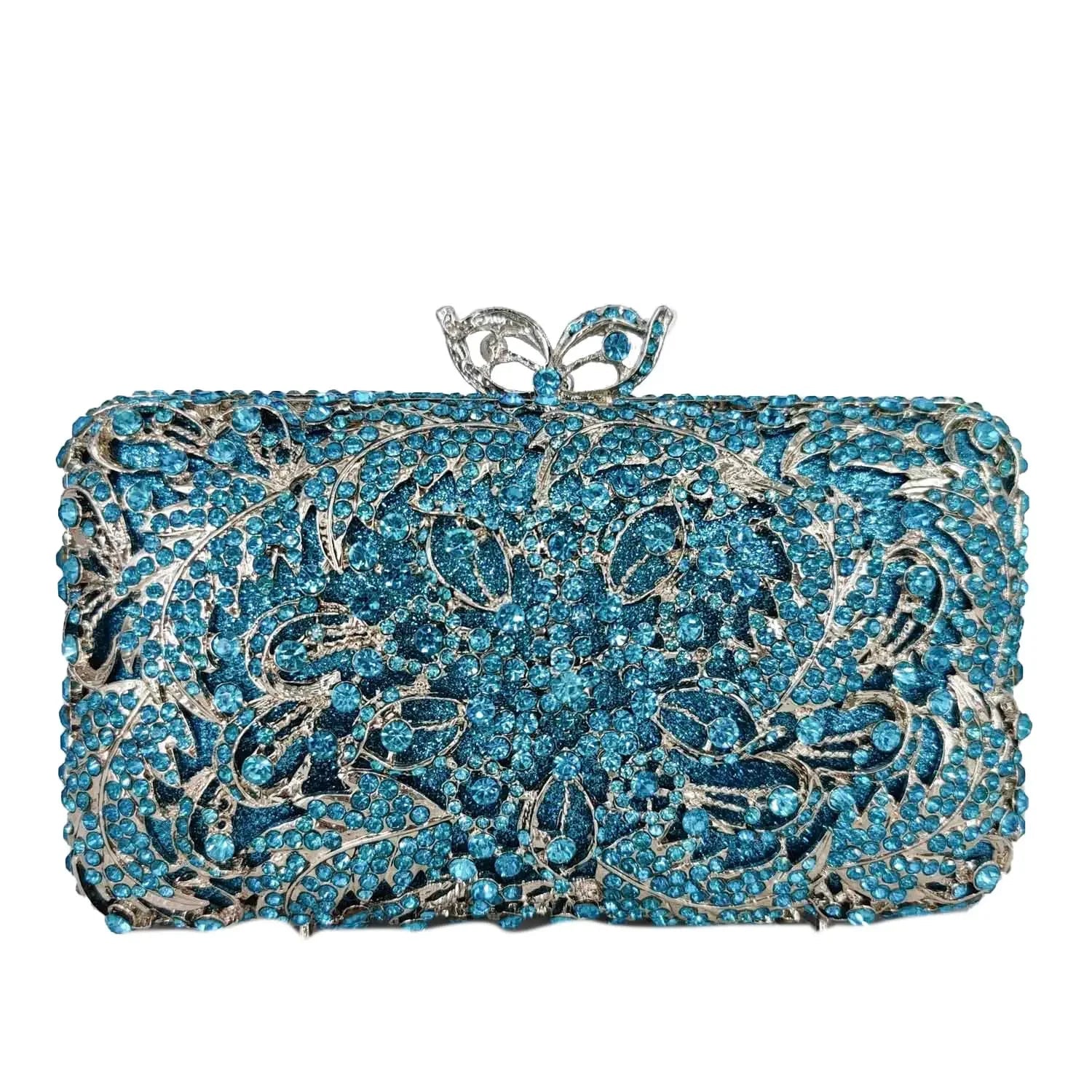 Turquoise blue crystal evening clutch with rhinestone flower design and chain strap