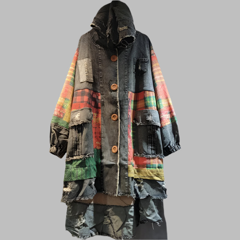 Women’s Plaid Patchwork Denim Coat – Vintage Hooded Style