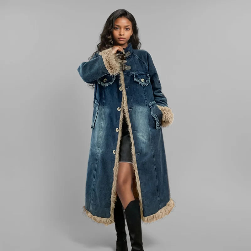 Women's Warm Denim Long Coat with Plush Trim & Belt