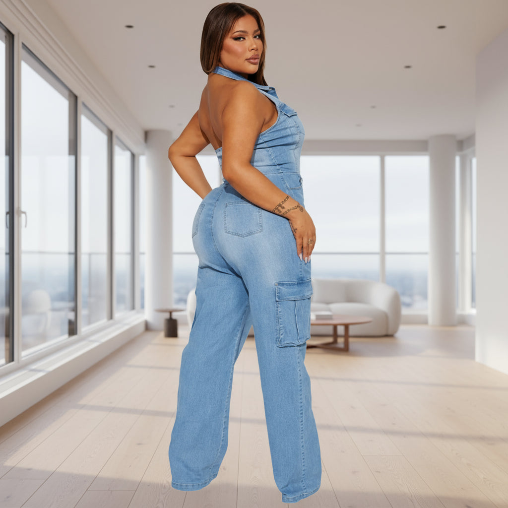 Fashion Slim Jumpsuit Jeans Women Short-Sleeve Straight Trousers