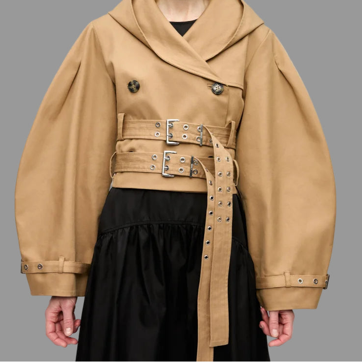 Tan coat with a belt and black.