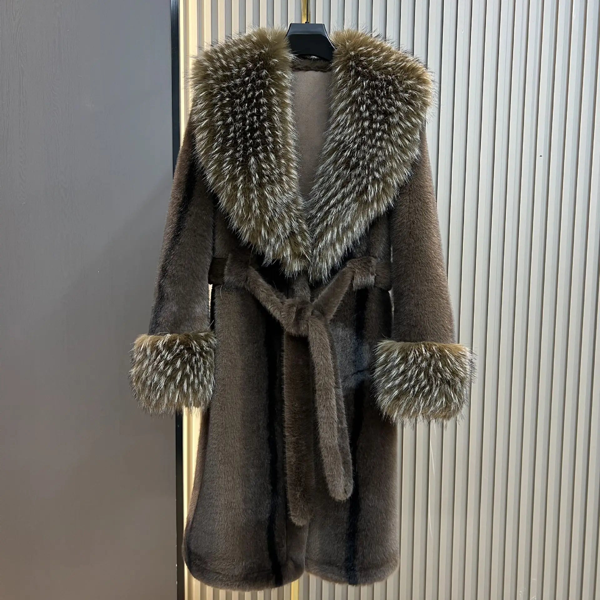 Women's Long Woolen Coat with Faux Fur Collar