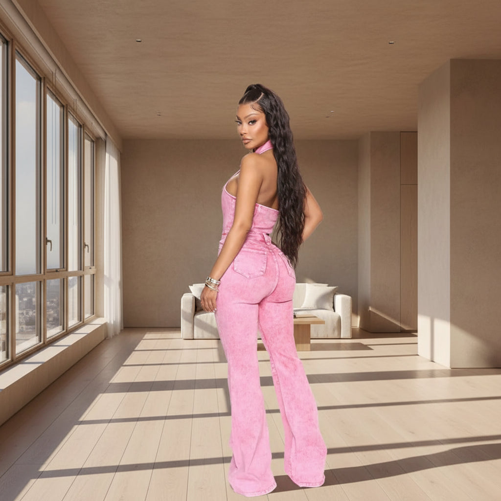 Woman wearing a pink jumpsuit 