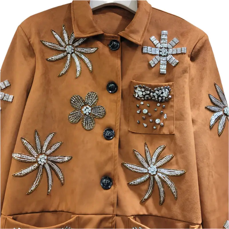 Women's rivet flower casual jacket with floral accents and loose fit design, perfect for trendy outfits.
