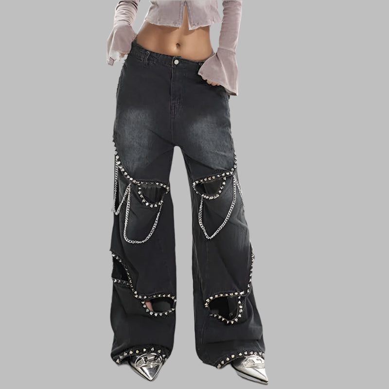 Women's Rivet Cut-Out Chain Detail Wide-Leg Jeans