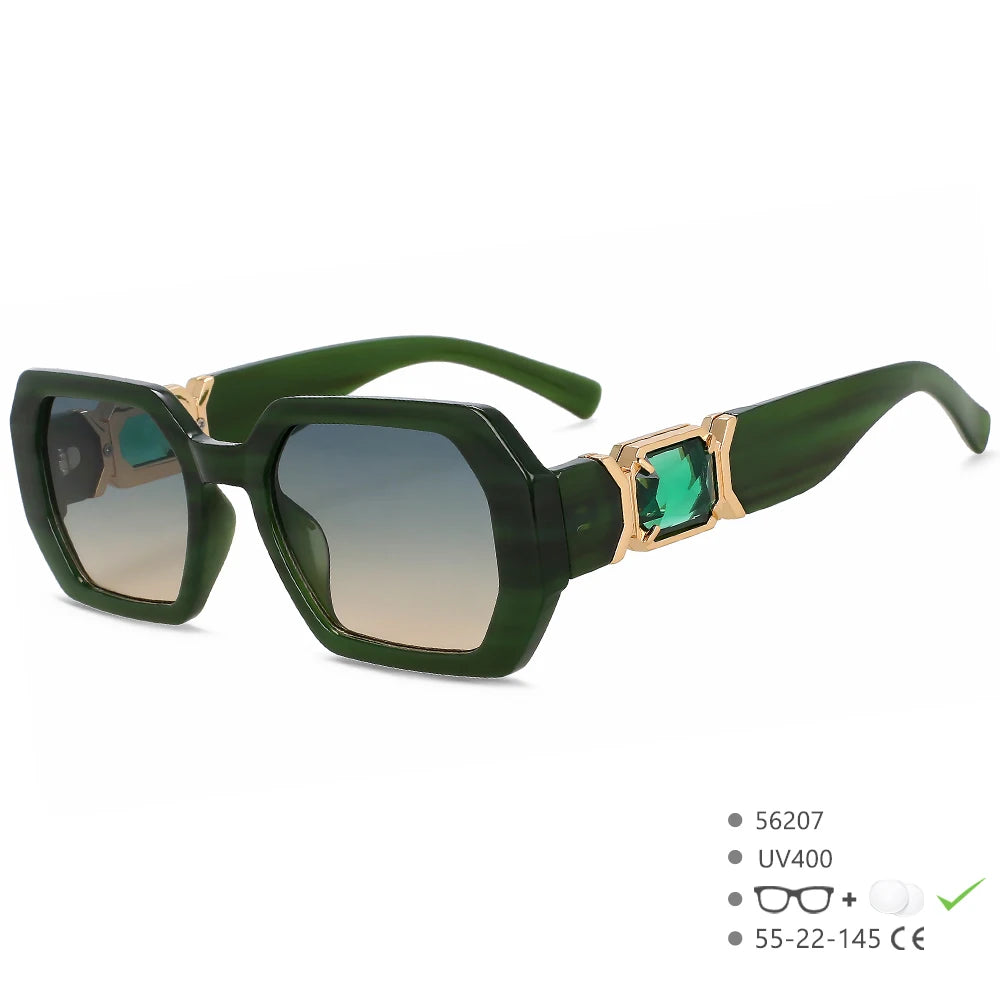 Green sunglasses with gold accents 