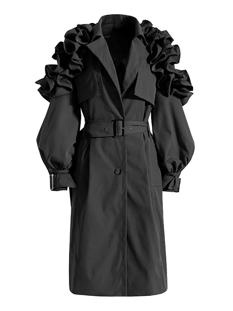 Black trench coat with ruffled shoulders 