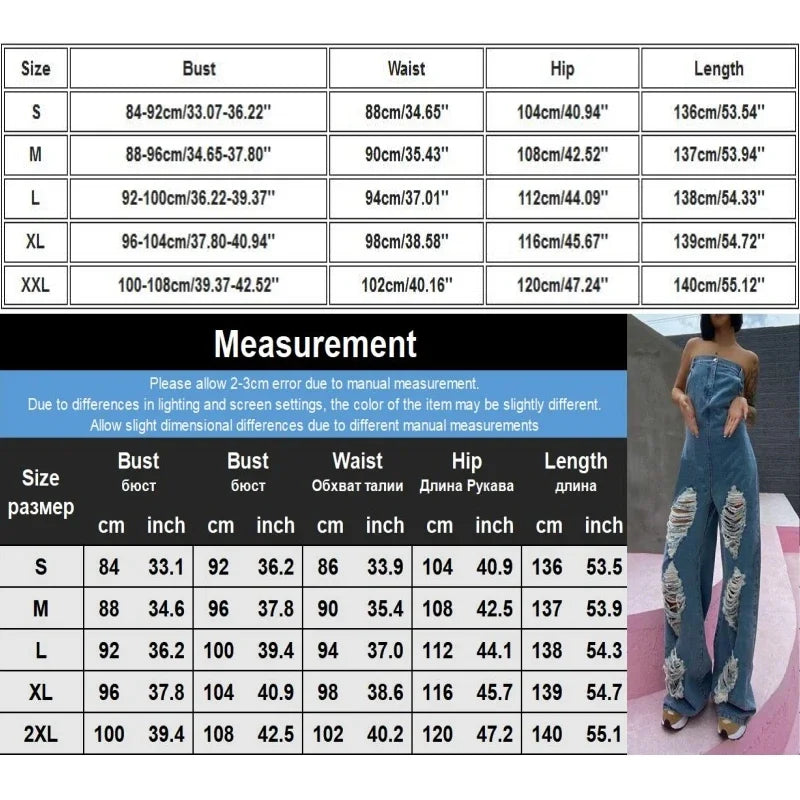 Measurement chart for a denim jumpsuit with size chart and model wearing the jumpsuit.