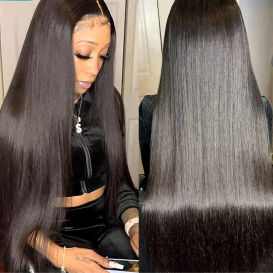 Wearing a sleek black outfit, a person sits with their head down, displaying the flowing length and smooth texture of HalleBeautys Glueless Straight Lace Wig – Natural 150% Density, made from Remy human hair.