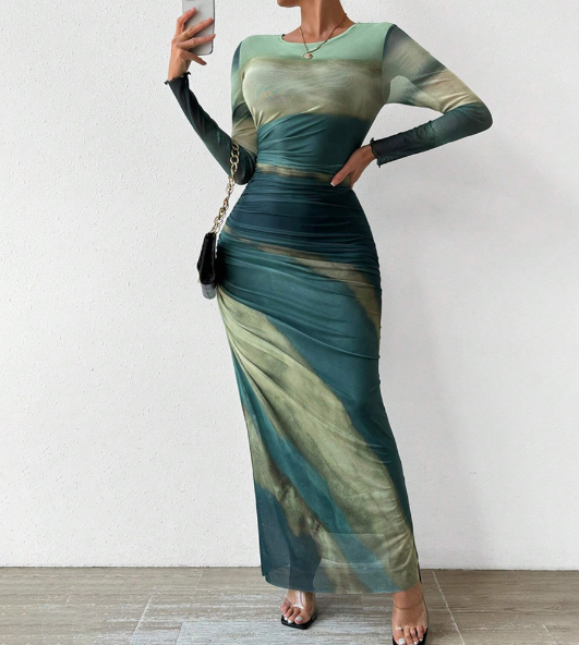 Wrap Maxi Dress - Autumn Long Sleeve Contrast Trim