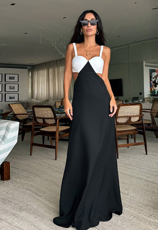 Chic Contrast Maxi Dress - Elegant Two-Tone Design