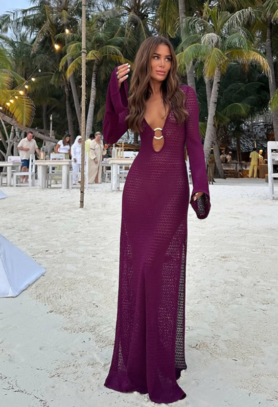 Hollow Out Maxi Dress - Metal Ring Buckle Knit Gown
