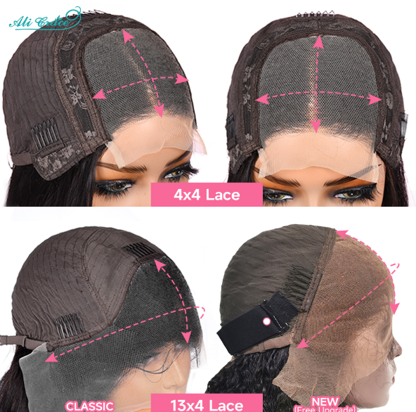 Close-up of three HalleBeauty wig types on mannequins: 4x4 lace, 13x4 lace, and a free upgrade lace. Each Glueless Straight Lace Wig – Natural 150% Density shows pink arrows for lace dimensions. The brand logo at the top highlights elegant Remy human hair options.