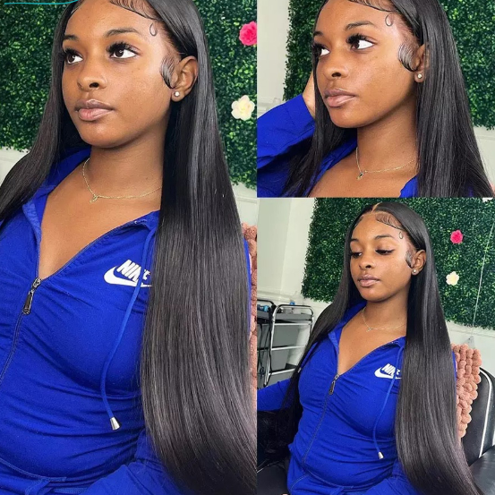 A woman with a Glueless Straight Lace Wig – Natural 150% Density by HalleBeauty wears a blue Nike zip-up outfit. She poses against a textured green floral wall, her edges neatly styled along her forehead, highlighting the elegance of her look.