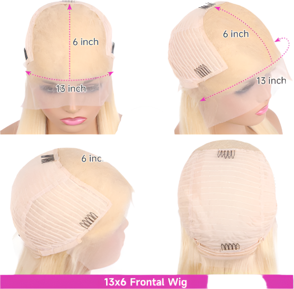 Four images showcasing the Lavender Lace Front Wig - 13x6 Straight Human Hair (Pre-Plucked) by HalleBeauty. The top two display front and side views with 13-inch width and 6-inch depth. The bottom two reveal the back and top of the cap, featuring a prominently centered Pretty Mama logo.