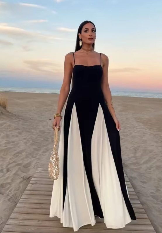 Chic Contrast Maxi Dress - Elegant Two-Tone Design